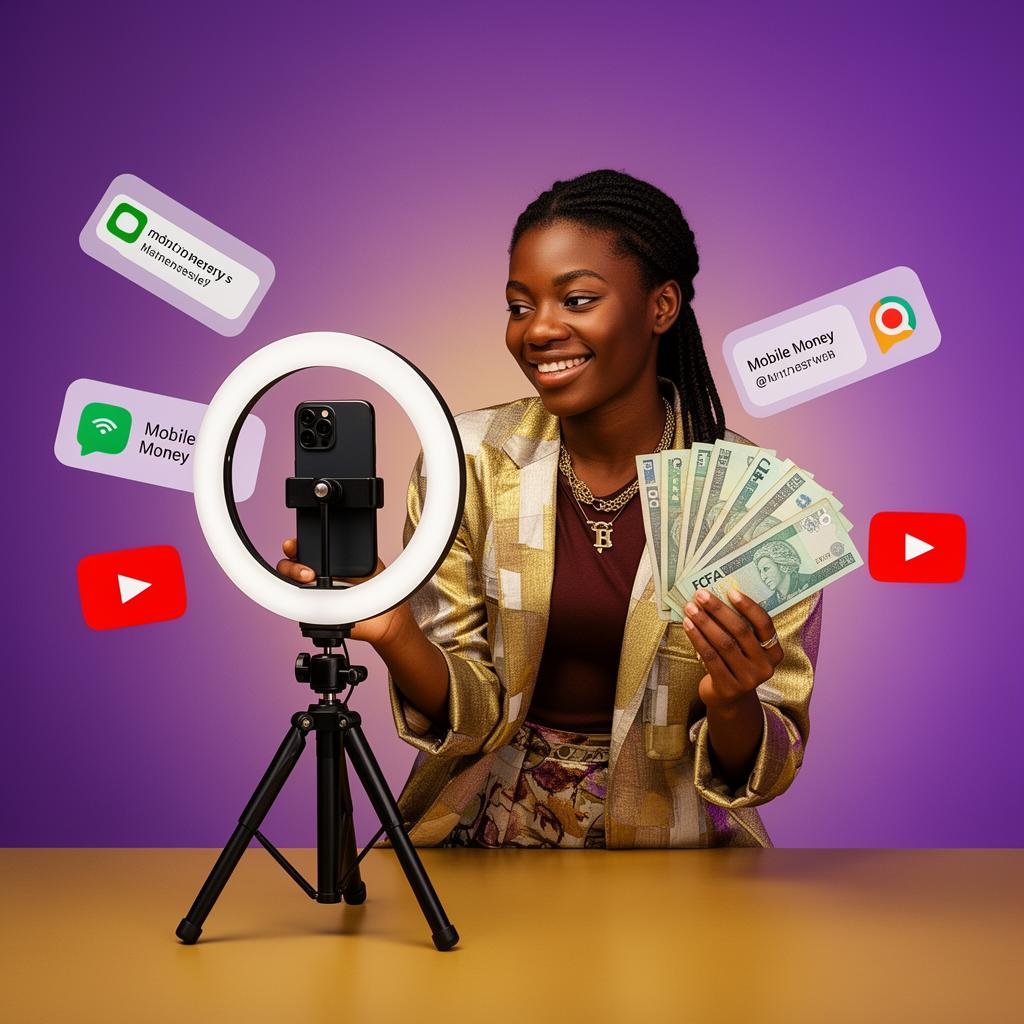 Créatrice YouTube africaine filmant avec smartphone et tenant des billets FCFA